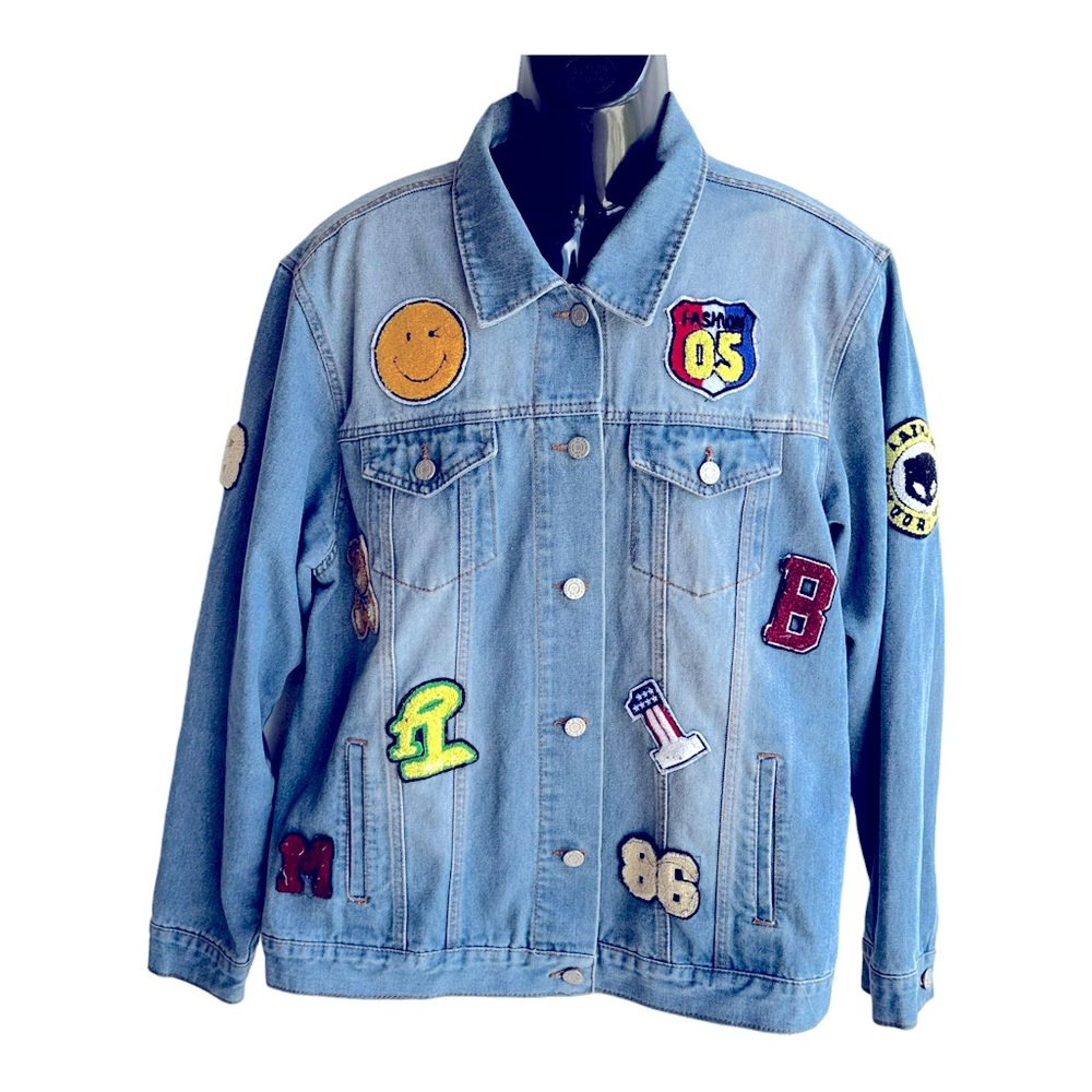 bee & ceci Denim‎ Jacket Women Sz L Light Blue premium with patches